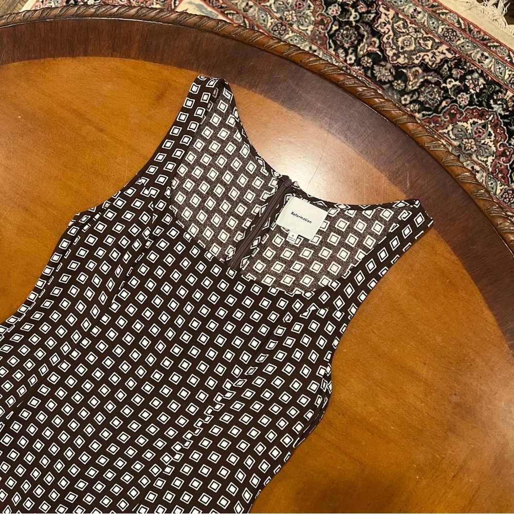 Reformation Noha Sleeveless Crepe Mini Dress Palladio Brown Geometric Print 8 - Picture 5 of 16